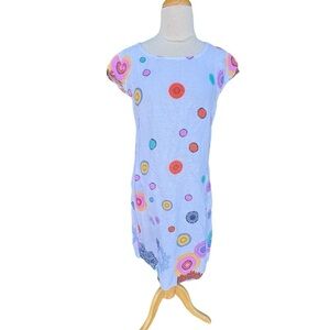 Puro Lino Linen Circle Shift Dress Art-To-Wear Lagenlook Cap Sleeve Pockets GUC